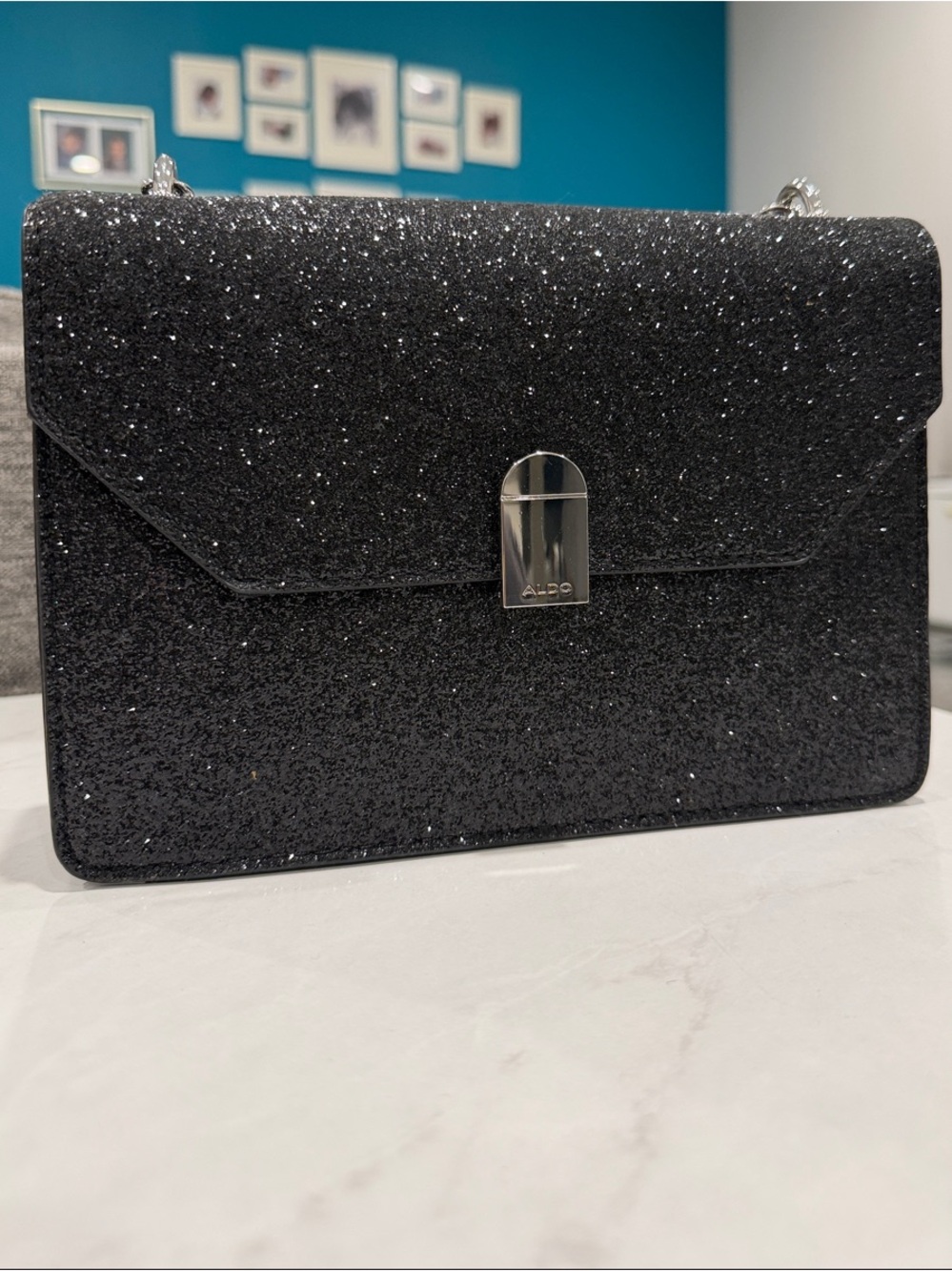 ALDO Black Glitter Crossbody with Silver Chain